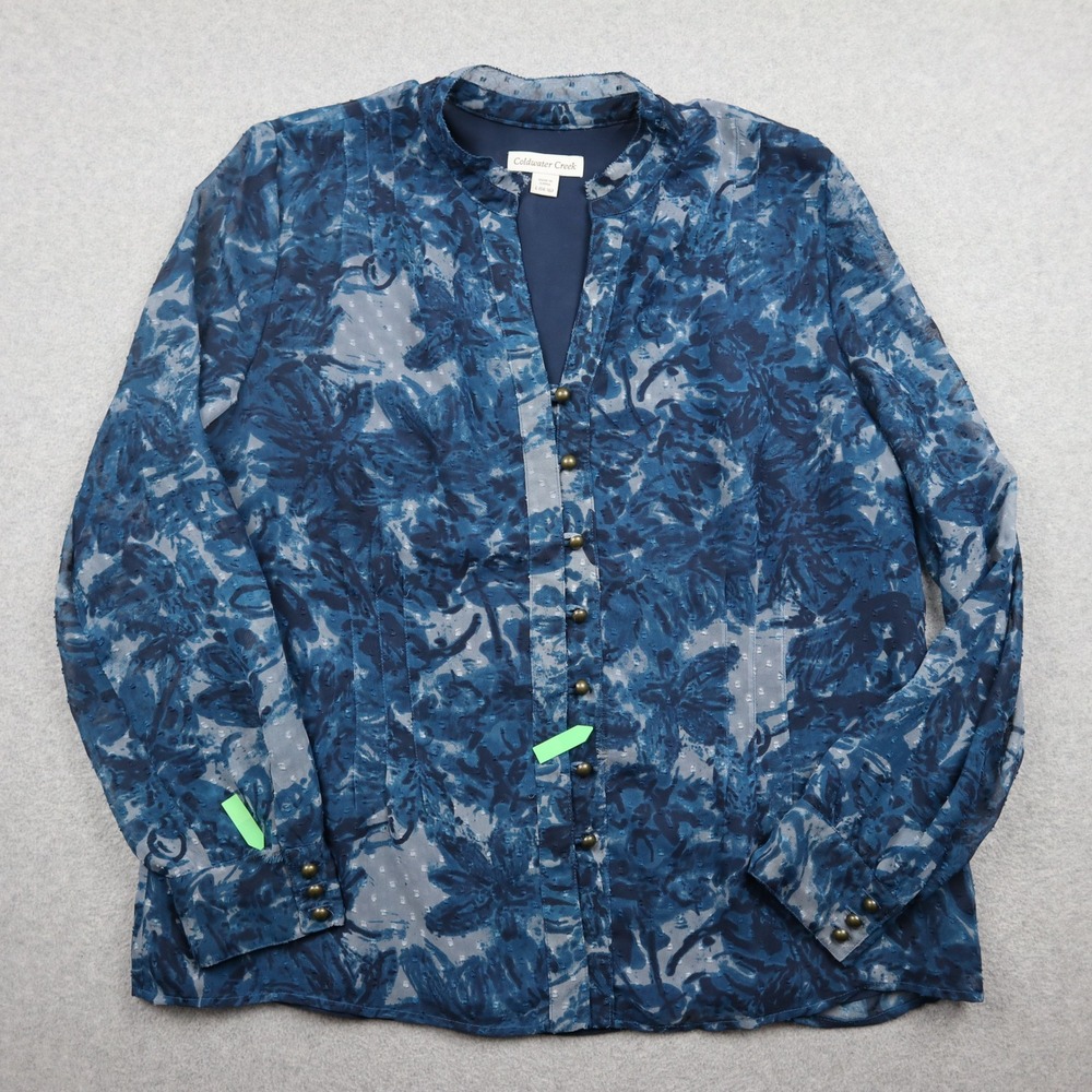 Coldwater Creek Blouse Womens L Blue Floral Clip Dot Lined Split Neck Top